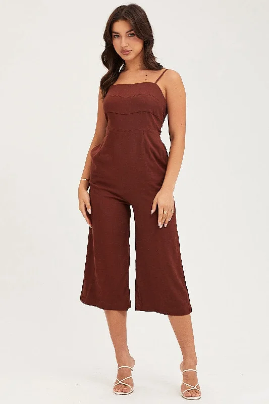 Brown Sleeveless Tie Back Jumpsuit Linen Blend