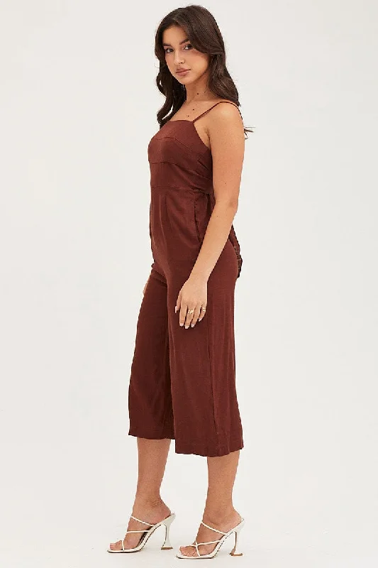 Brown Sleeveless Tie Back Jumpsuit Linen Blend