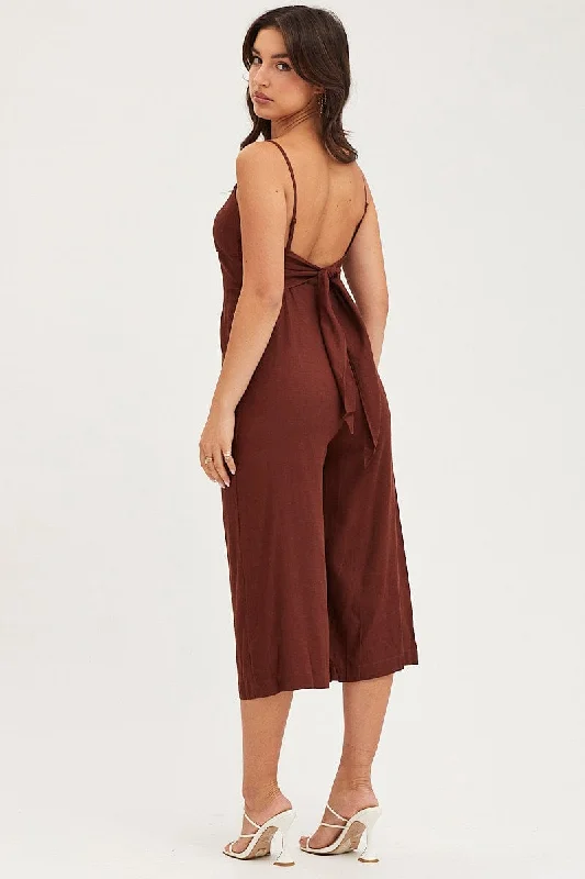 Brown Sleeveless Tie Back Jumpsuit Linen Blend