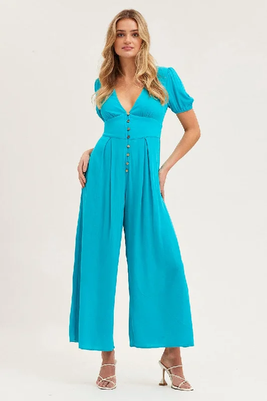 Green Jumpsuit Long Sleeve V Neck