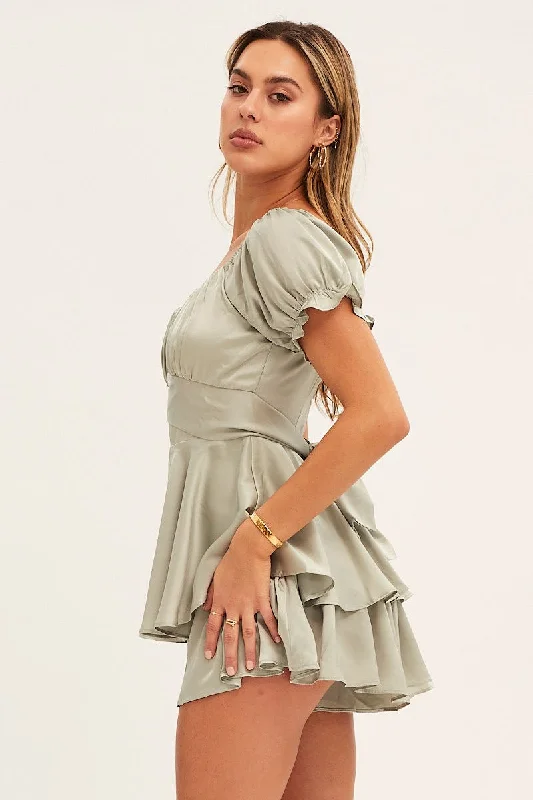 Green Playsuit V Neck Satin