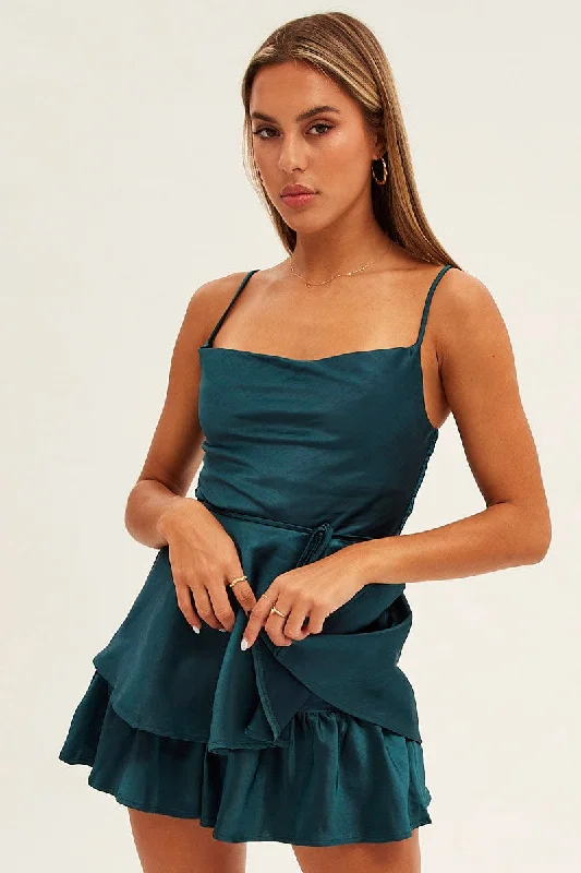 Green Satin Playsuit Sleeveless Cowl Neck