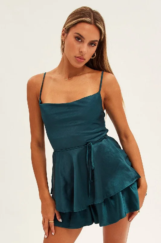 Green Satin Playsuit Sleeveless Cowl Neck