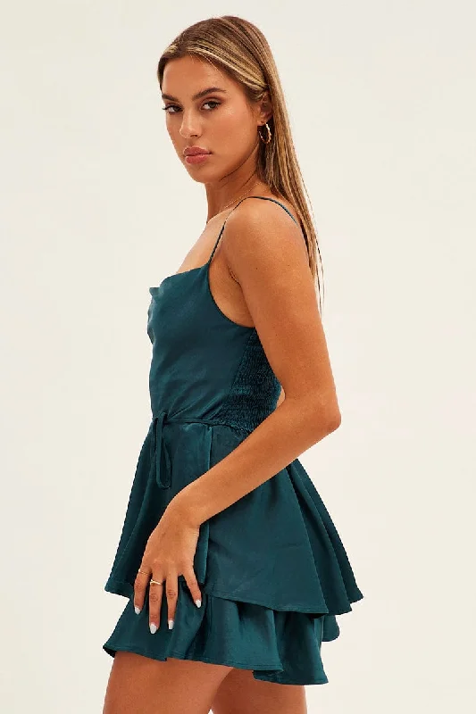 Green Satin Playsuit Sleeveless Cowl Neck