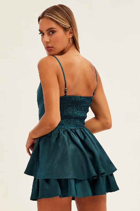 Green Satin Playsuit Sleeveless Cowl Neck