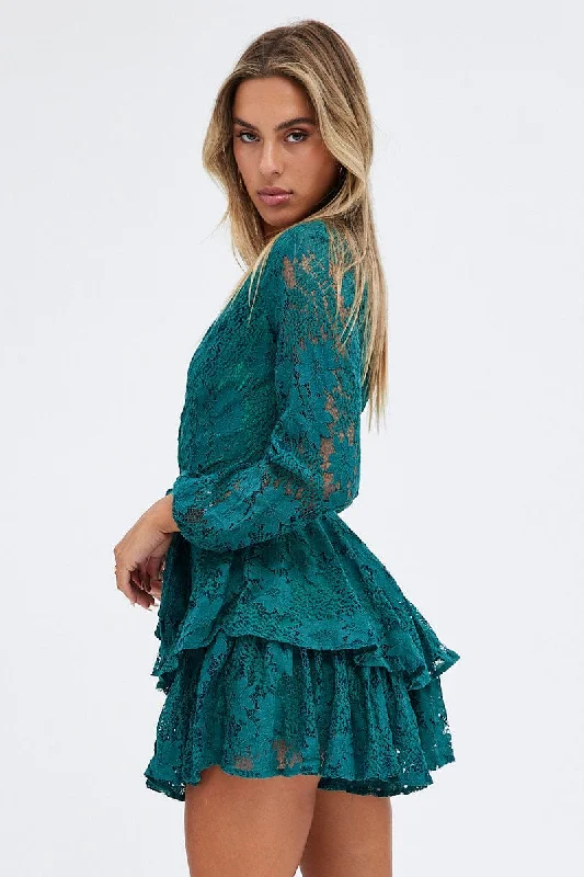 Green Wrap Playsuit Long Sleeve Lace