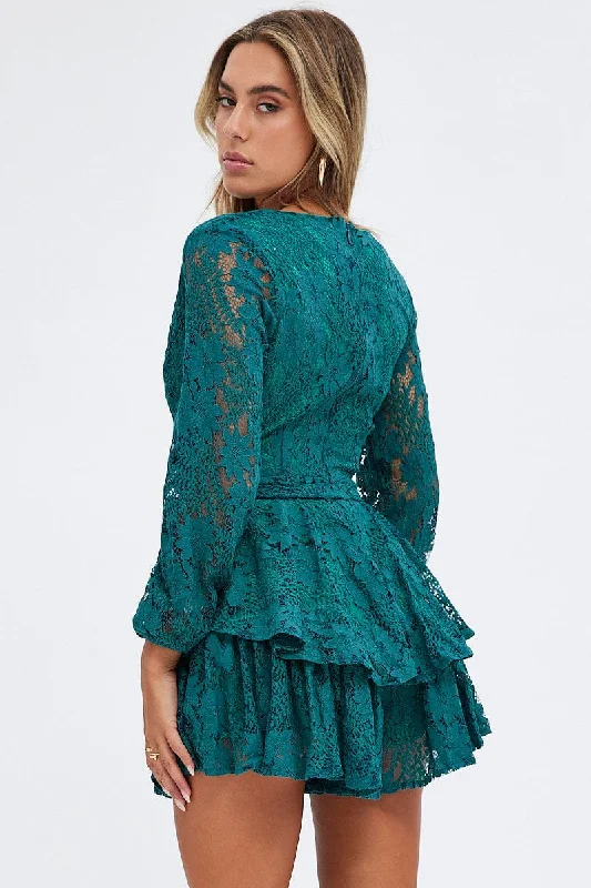 Green Wrap Playsuit Long Sleeve Lace