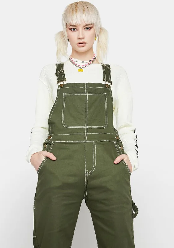 Olive Biding Time Denim Overalls