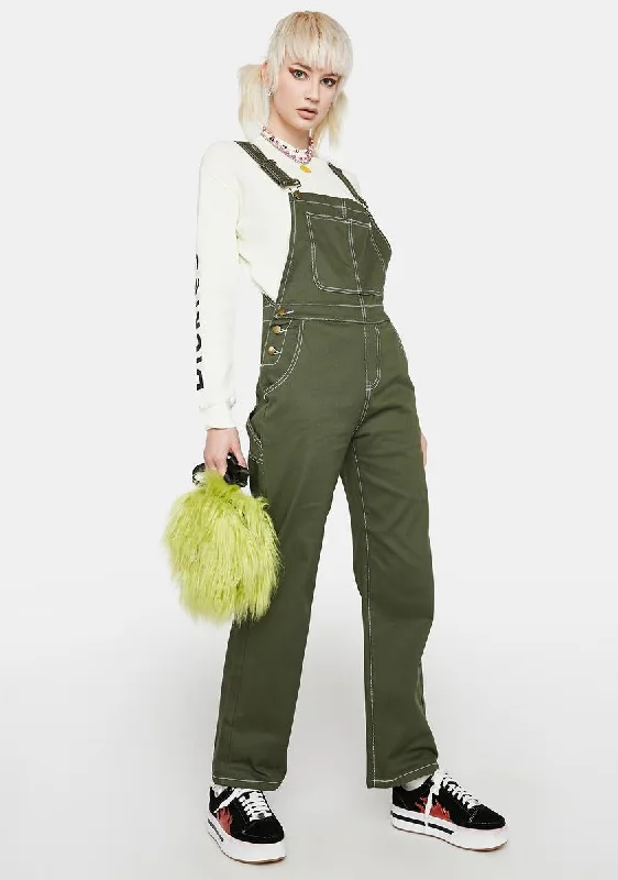 Olive Biding Time Denim Overalls