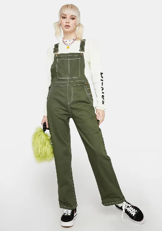 Olive Biding Time Denim Overalls