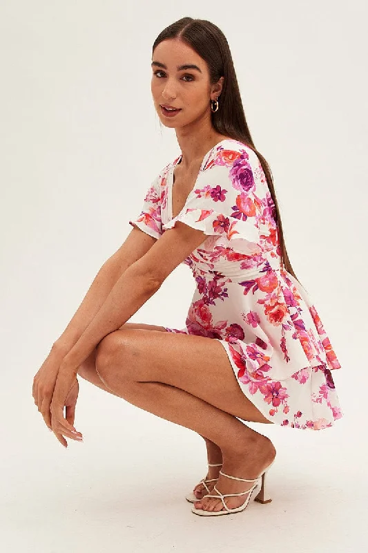 Pink Floral Fit And Flare Playsuit Sleeveless