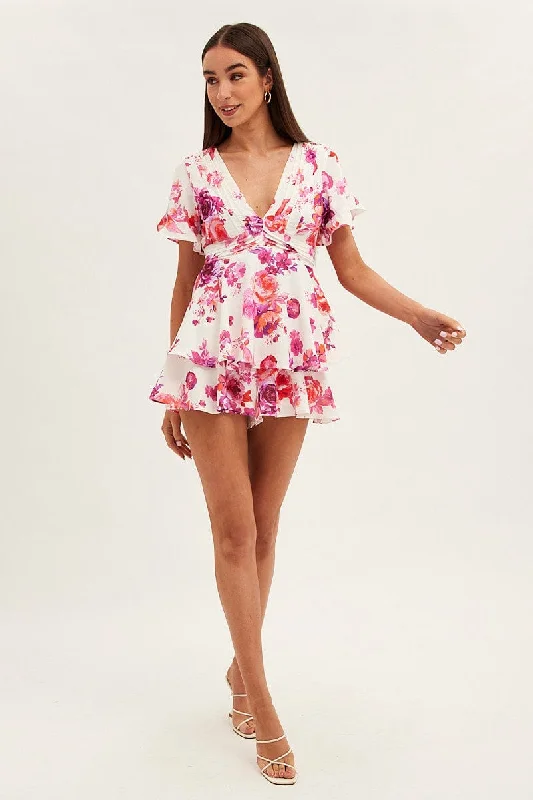 Pink Floral Fit And Flare Playsuit Sleeveless