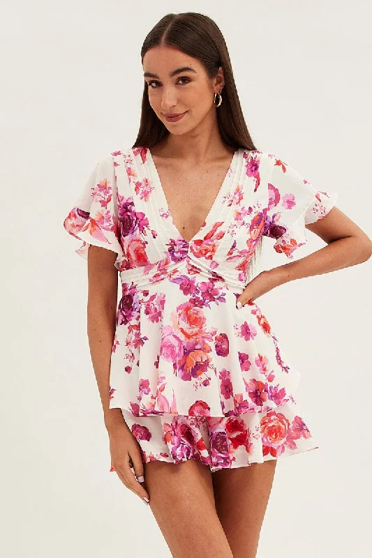 Pink Floral Fit And Flare Playsuit Sleeveless