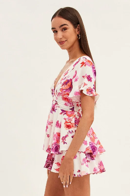 Pink Floral Fit And Flare Playsuit Sleeveless