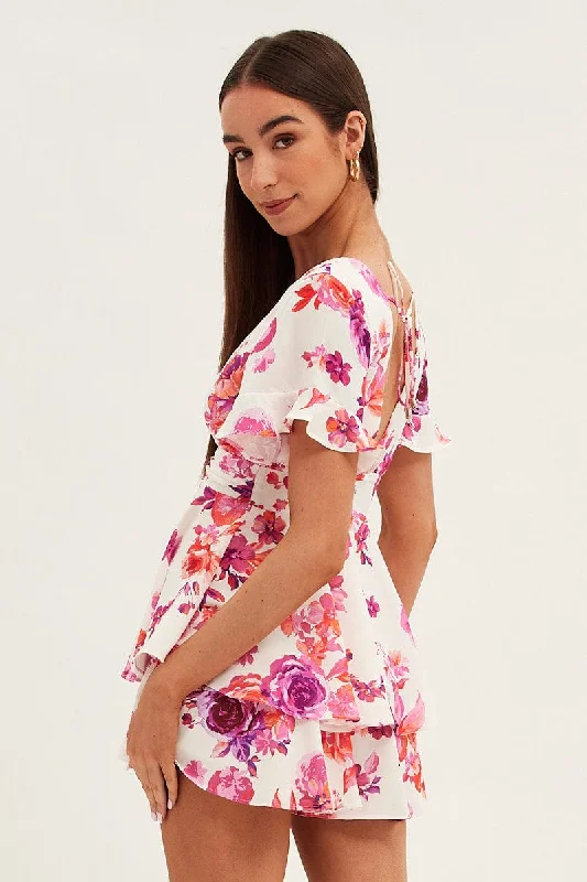 Pink Floral Fit And Flare Playsuit Sleeveless