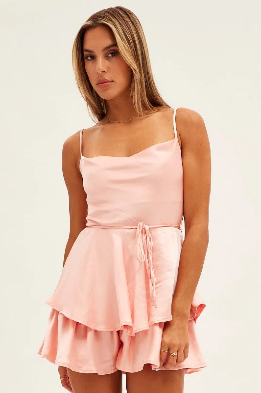 Pink Satin Playsuit Sleeveless Cowl Neck