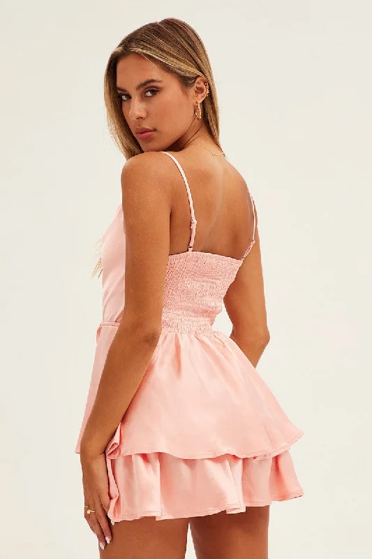 Pink Satin Playsuit Sleeveless Cowl Neck