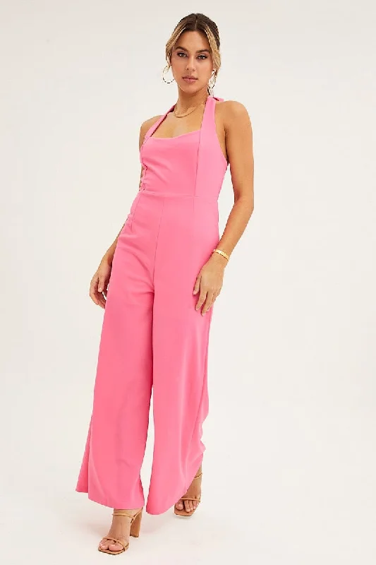 Pink Sleeveless Jumpsuit Wide Leg