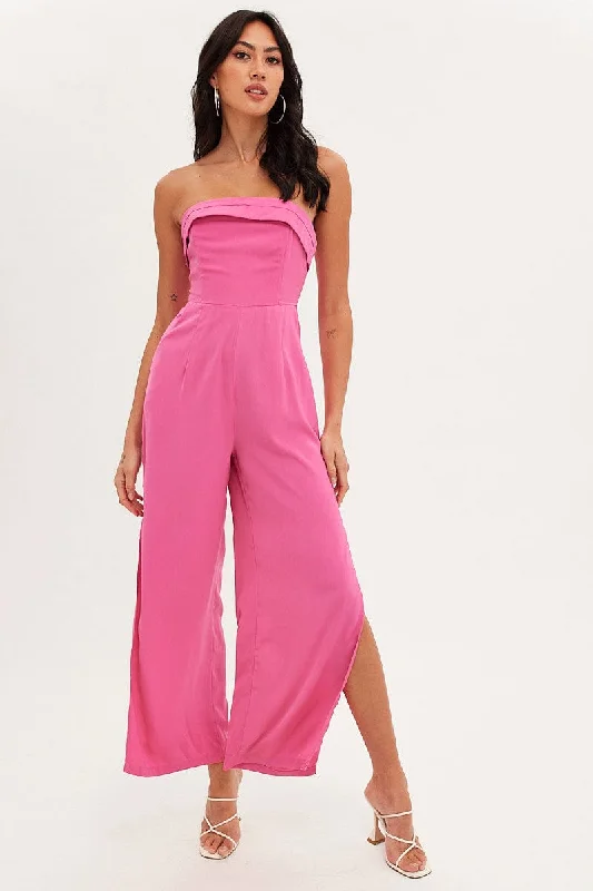 Pink Strapless Jumpsuit Side Split