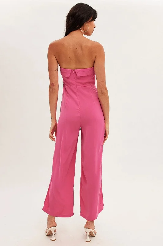 Pink Strapless Jumpsuit Side Split