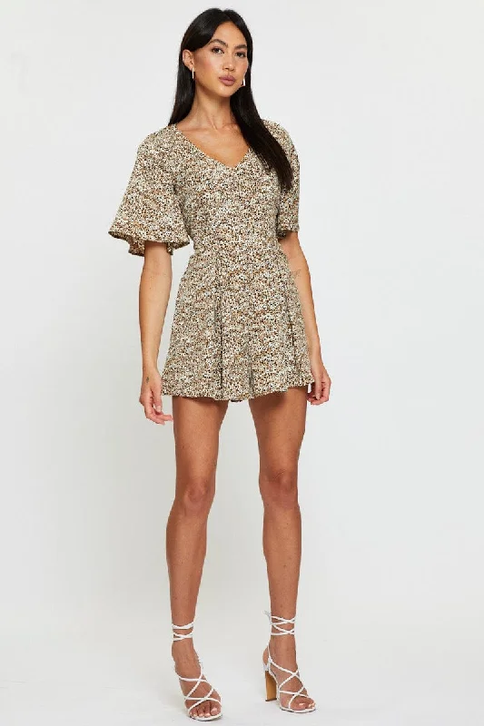 Print Playsuit Short Sleeve V Neck