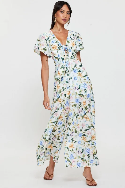 Print Wide Leg Jumpsuit Short Sleeve