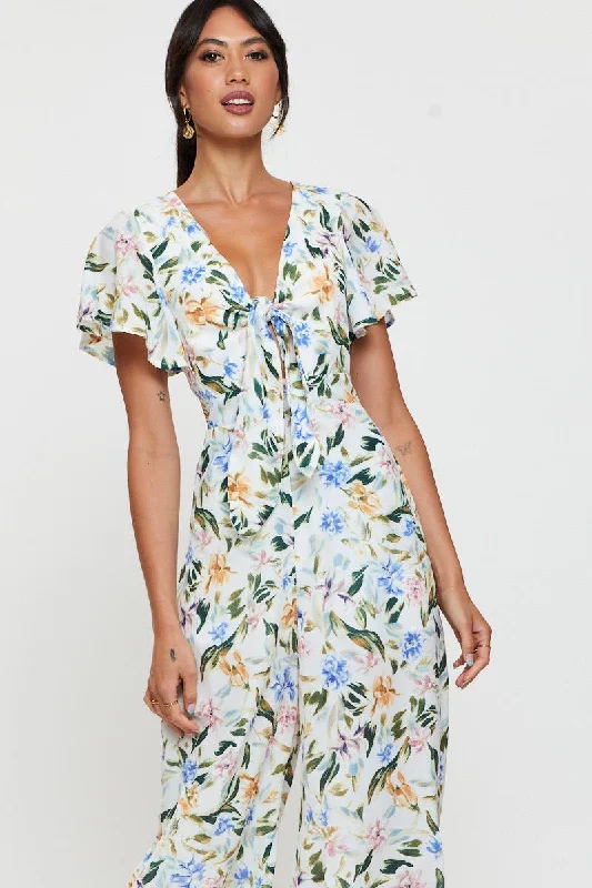 Print Wide Leg Jumpsuit Short Sleeve