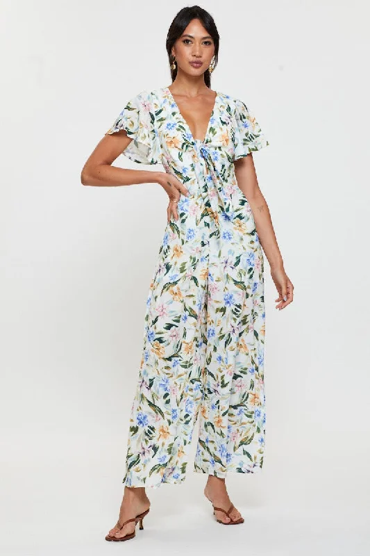 Print Wide Leg Jumpsuit Short Sleeve