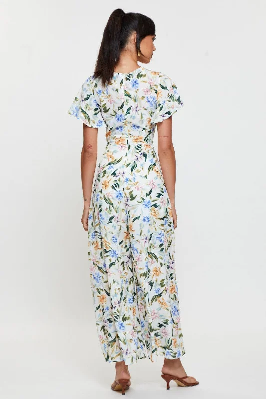 Print Wide Leg Jumpsuit Short Sleeve