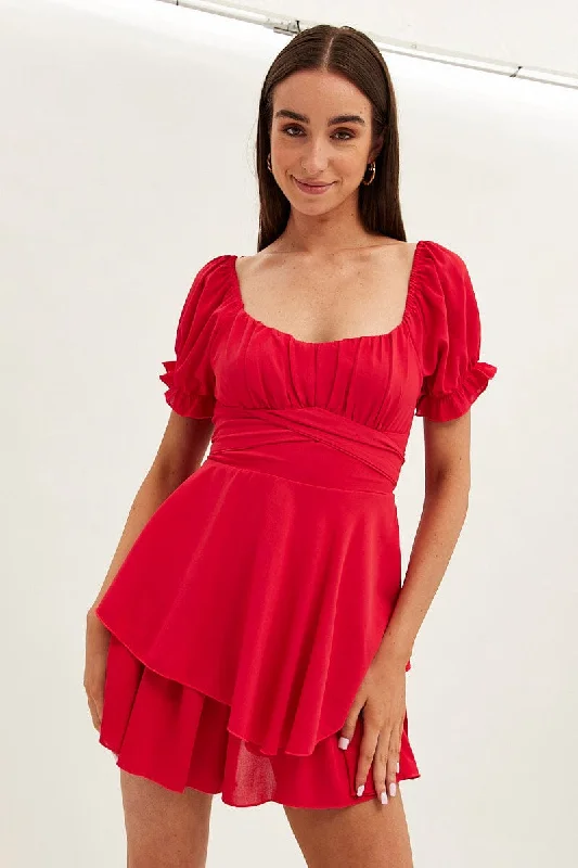 Red Playsuit Short Sleeve V Neck Tie Waist