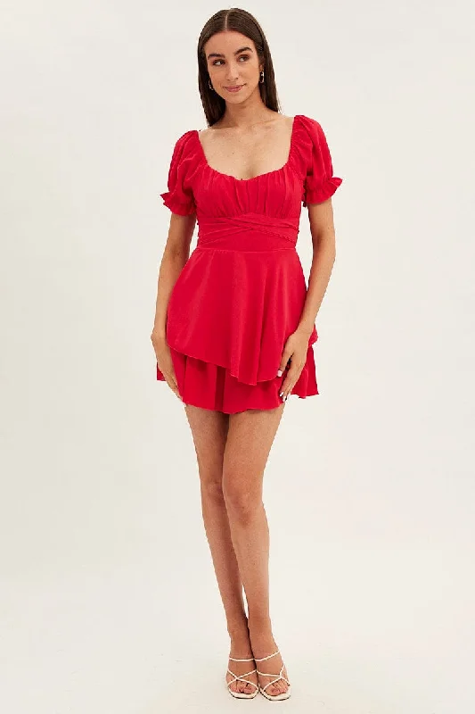 Red Playsuit Short Sleeve V Neck Tie Waist