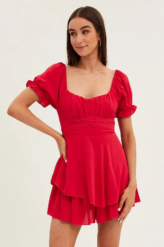 Red Playsuit Short Sleeve V Neck Tie Waist