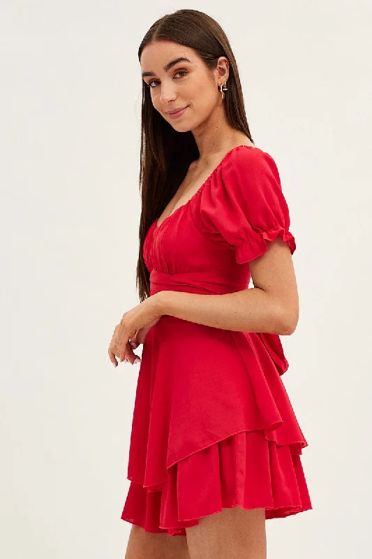 Red Playsuit Short Sleeve V Neck Tie Waist