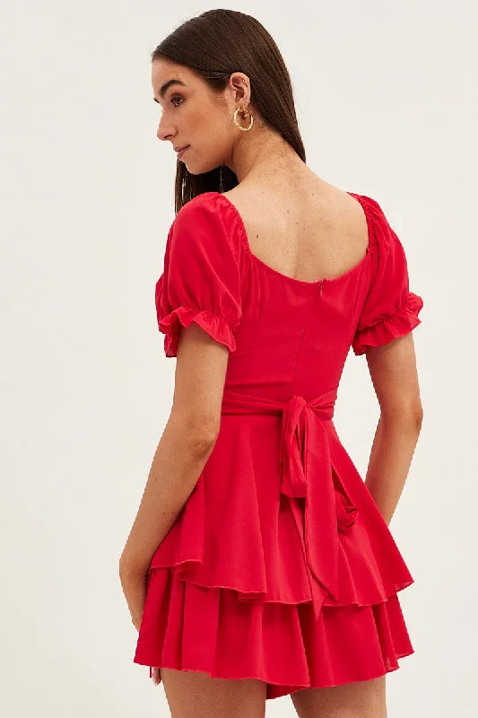 Red Playsuit Short Sleeve V Neck Tie Waist