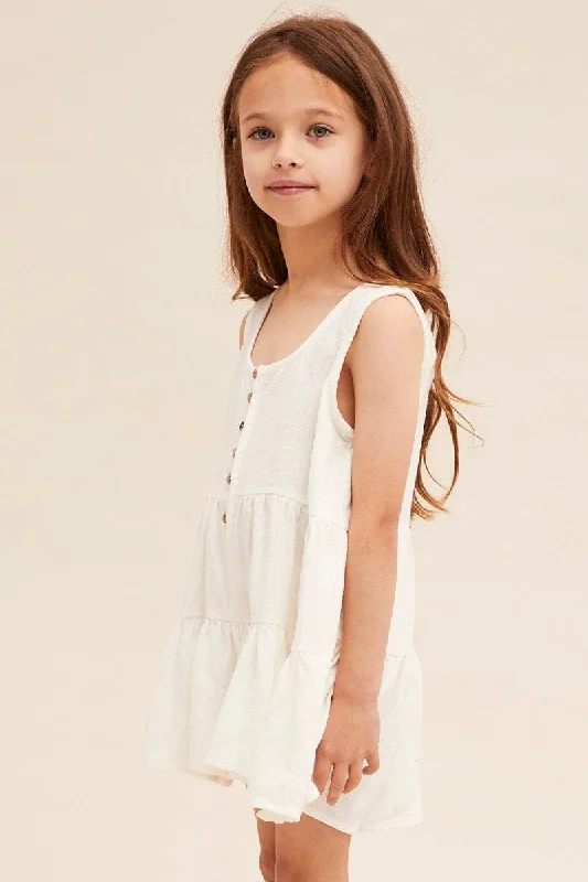 White Kids Button Front Tiered Playsuit