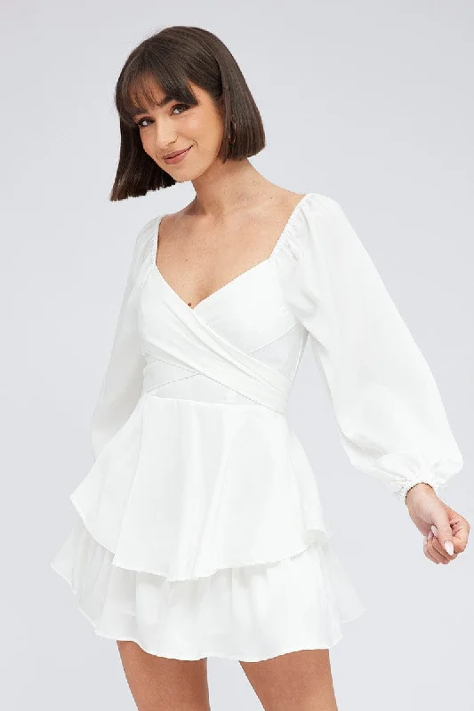 White Playsuit Long Sleeve V-Neck Waist Tie Matte Satin