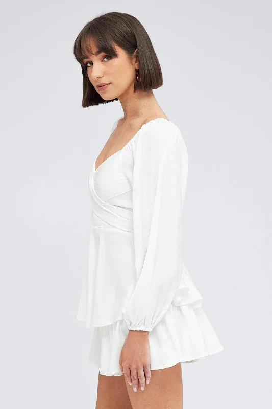 White Playsuit Long Sleeve V-Neck Waist Tie Matte Satin