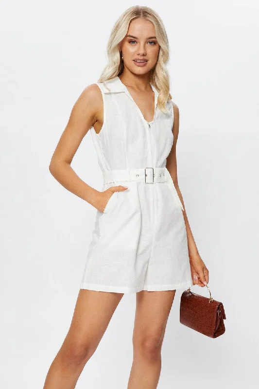 White Sleeveless Linen Belted Playsuit