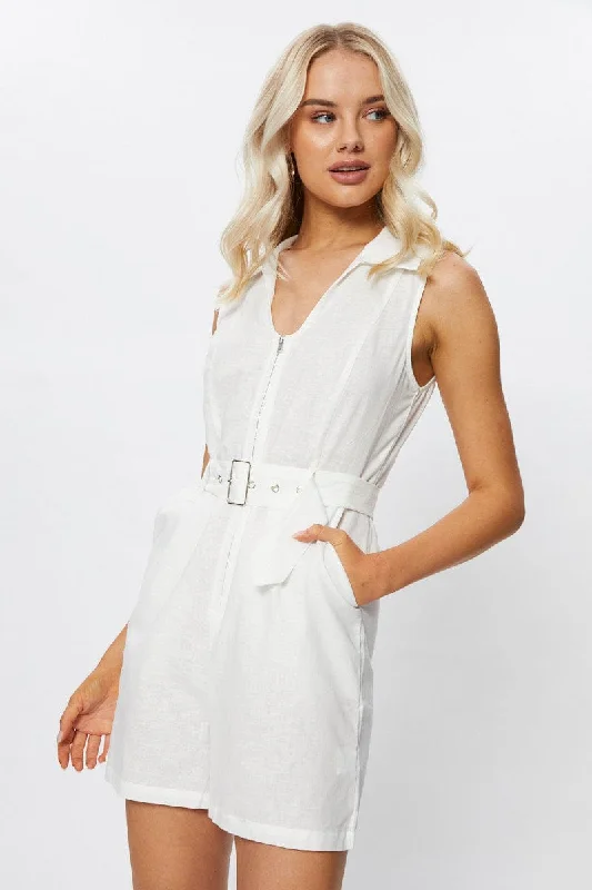 White Sleeveless Linen Belted Playsuit