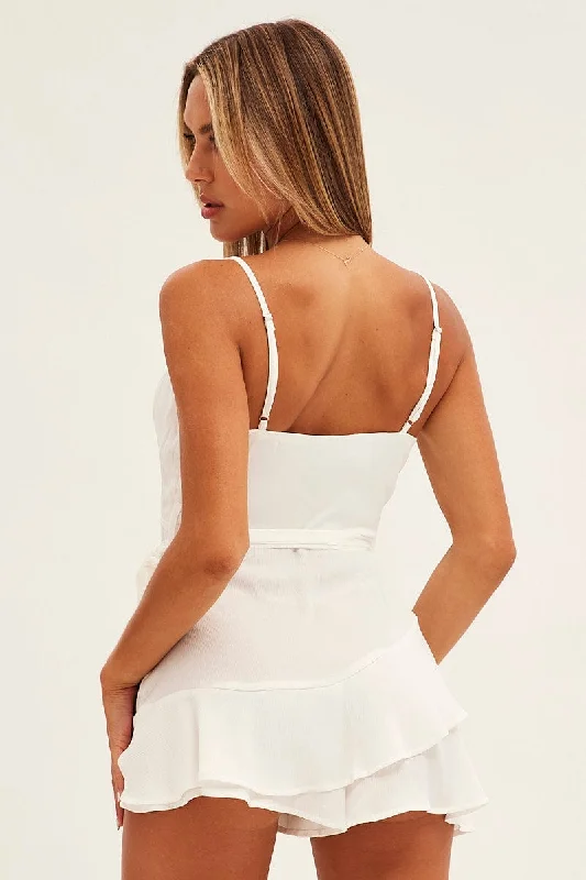 White Wrap Playsuit Sleeveless Textured Satin