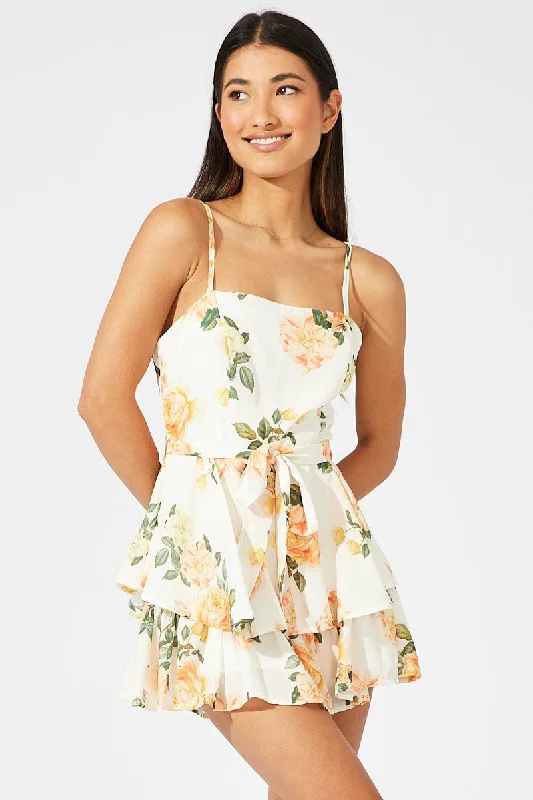 Yellow Floral Playsuit Square Neck Double Layered