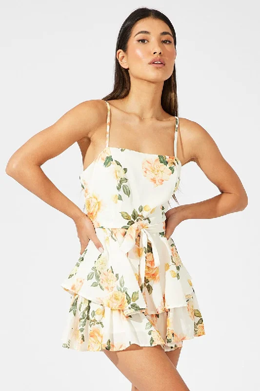 Yellow Floral Playsuit Square Neck Double Layered