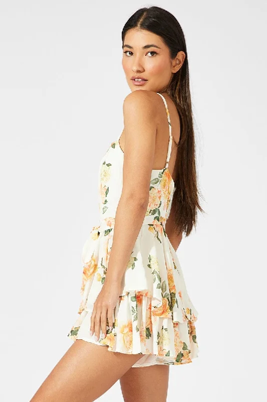 Yellow Floral Playsuit Square Neck Double Layered