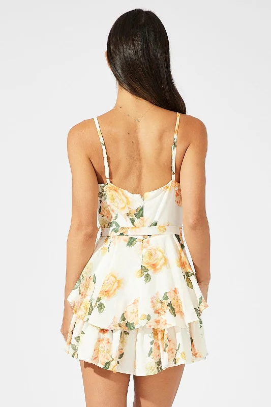 Yellow Floral Playsuit Square Neck Double Layered