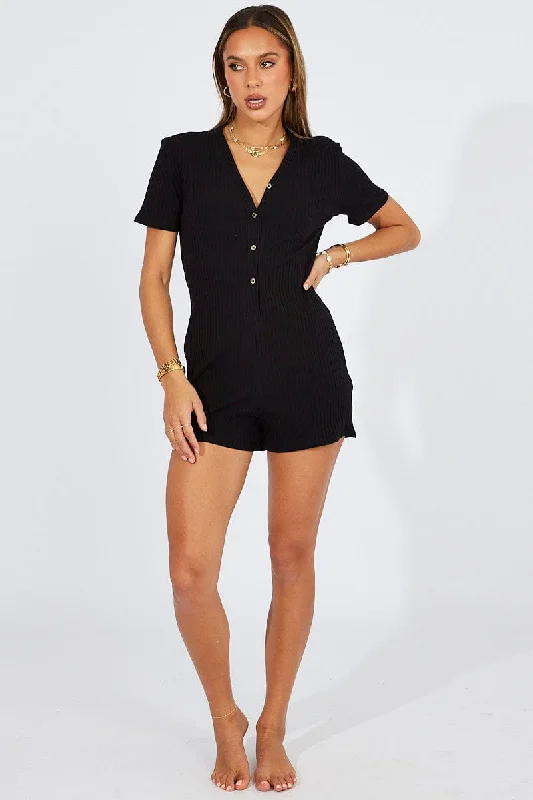 Black Jersey Romper Button Through Nightwear Onesie