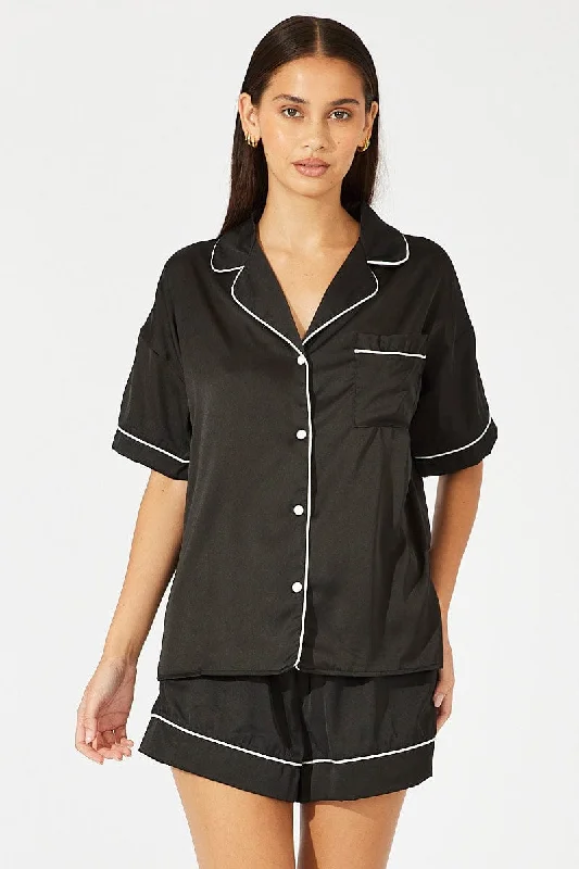 Black Satin Pajamas Set Short Sleeve