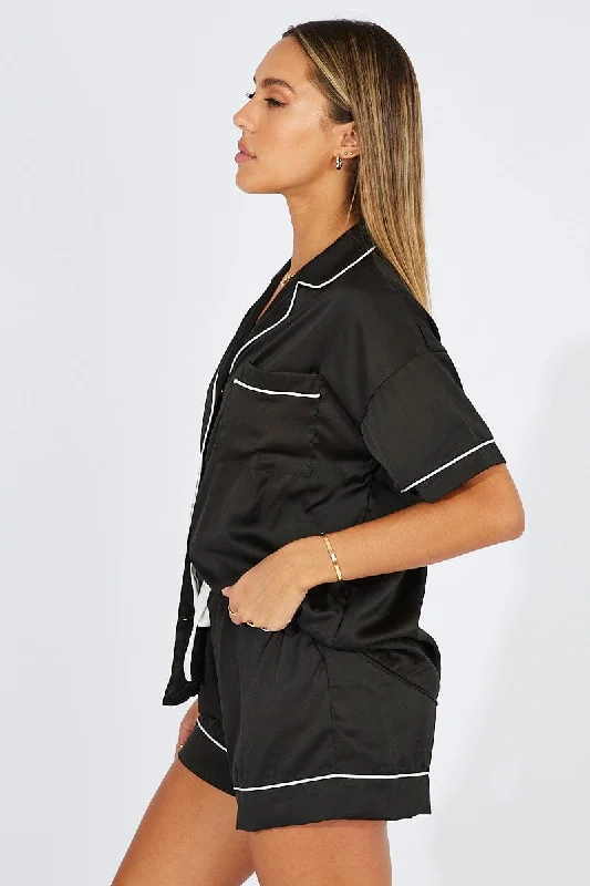 Black Satin Pajamas Set Short Sleeve