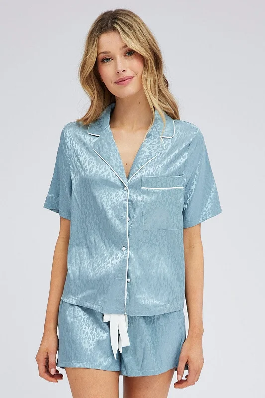 Blue Jacquard Leopard Satin Piping Detail Pyjama Set