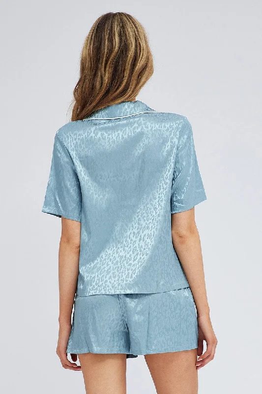 Blue Jacquard Leopard Satin Piping Detail Pyjama Set