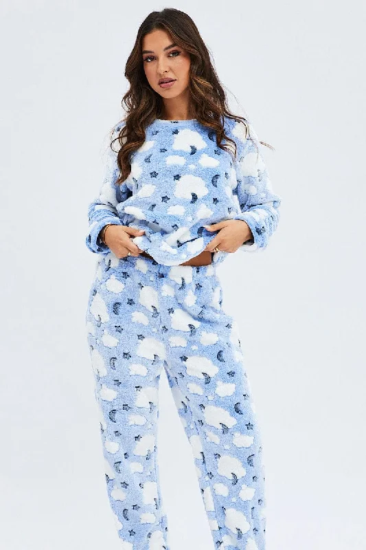 Blue Print Fluffy Fleece Pyjama Stars and Moon Pj Set